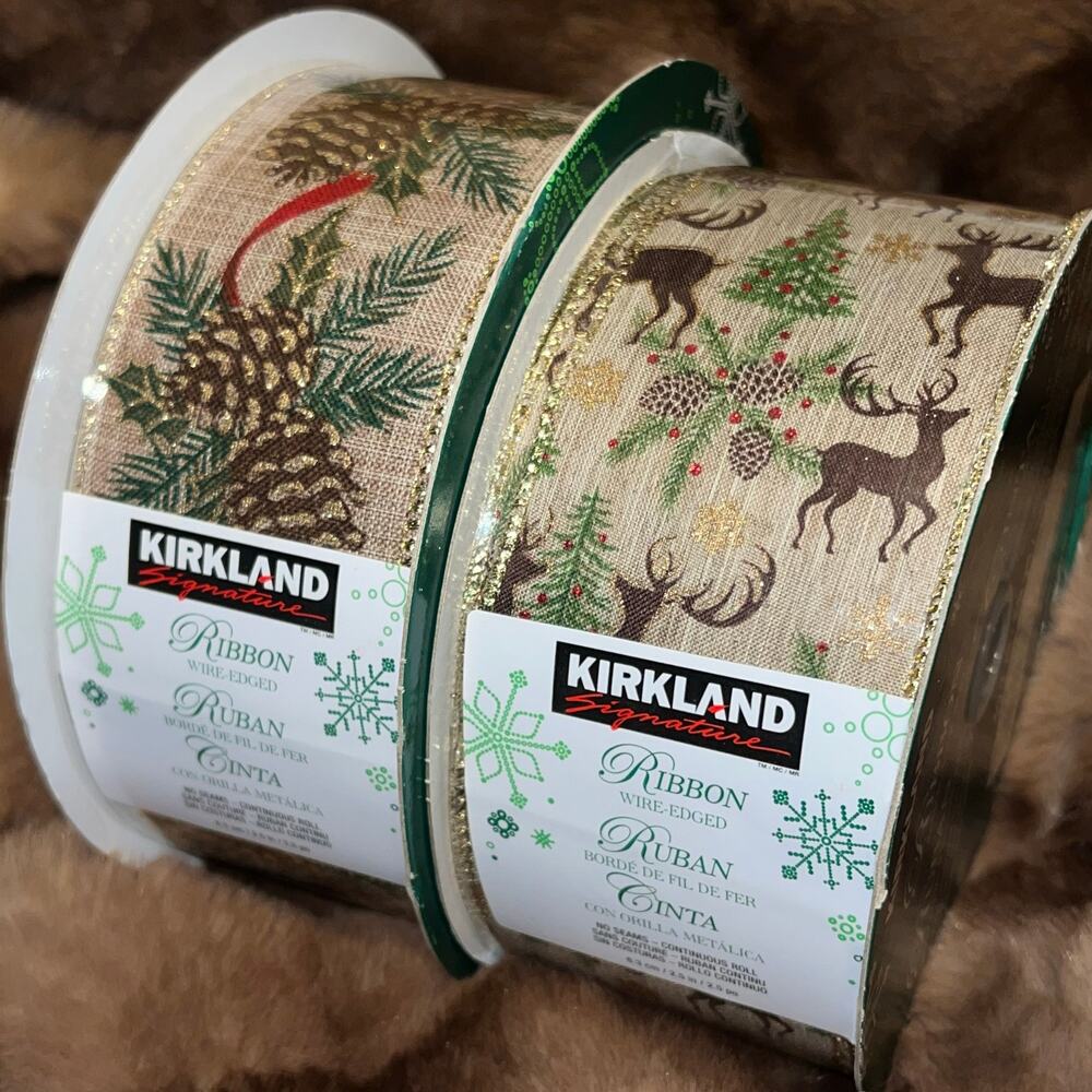 Kirkland Christmas Reindeer Deer & Pinecones Holly Wire-Edged Ribbon 50yds x 2